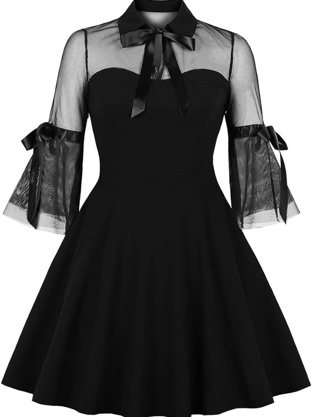 Black Sheer Mesh Bell Sleeve Bow Tie Gothic Mini Dress L